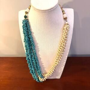 Beaded Faux Turquoise Pearl Necklace Gold Cord Adjustable Statement Jewelry